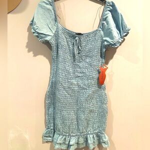 Pink blush light blue chambray smocked mini dress *sold out online*